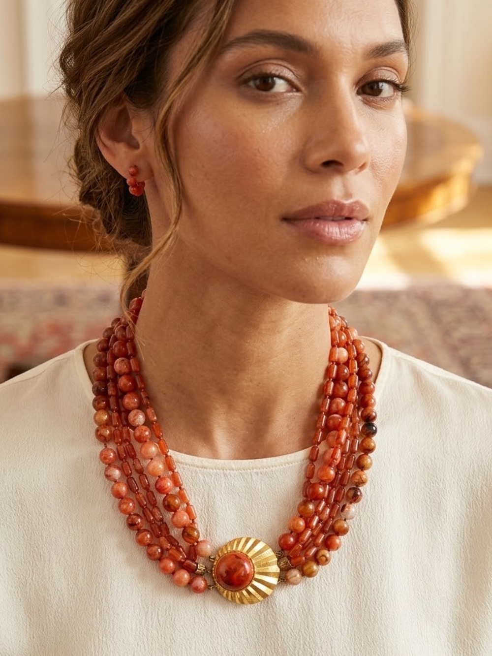 vintage multi-strand statement choker necklace corral amber